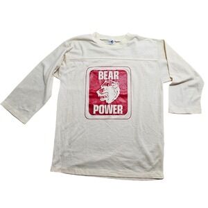 Vintage Artex Bear Power Graphic 3/4 Sleeve Shirt Cream Red XL Made in USA *